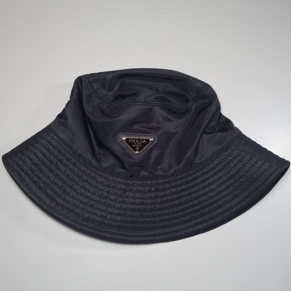 Vintage Prada Black Nylon Bucket Hat w/ Metal & Leather Hardware, Size Medium